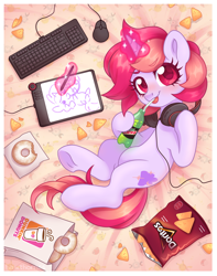 Size: 1974x2500 | Tagged: safe, artist:hawthornss, oc, oc only, oc:dawnfire, mouse, pony, unicorn, bed, blushing, chips, cute, donut, doritos, drink, dunkin donuts, food, frog (hoof), headphones, keyboard, looking at you, lying down, magic, mountain dew, prone, tablet, tablet drawing, tablet pen, tongue out, underhoof