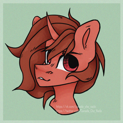Size: 2160x2160 | Tagged: safe, artist:canada_cho_nado, oc, oc only, oc:red flux, changeling, moth, mothling, original species, bust, eyebrows, grin, high res, horn, looking at you, male, portrait, red changeling, signature, simple background, smiling, smiling at you, solo