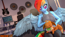 Size: 3840x2160 | Tagged: safe, artist:trailssfm, rainbow dash, eevee, anthro, g4, 3d, bow, breasts, busty rainbow dash, chair, clothes, computer, couch, cute, desk, guitar, high res, musical instrument, pants, petting, poké ball, pokémon, record, sitting, smiling, source filmmaker, speaker, tank top, wings