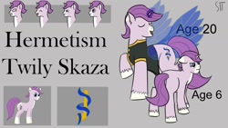 Size: 1280x720 | Tagged: safe, artist:schumette14, oc, oc:hermetism skaza, pony, unicorn, artificial wings, augmented, magic, magic wings, magical lesbian spawn, male, next generation, offspring, parent:starlight glimmer, parent:twinkleshine, parents:starshine, redesign, singer, stallion, story included, wings