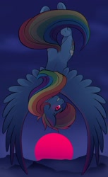 Size: 1600x2613 | Tagged: safe, artist:tillie-tmb, rainbow dash, pegasus, pony, g4, looking at you, looking back, looking back at you, spread wings, sunset, upside down, wings