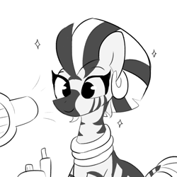 Size: 3000x3000 | Tagged: safe, artist:tjpones, zecora, pony, zebra, g4, black and white, cute, female, grayscale, hair dryer, high res, monochrome, simple background, solo, sparkles, white background, zecorable