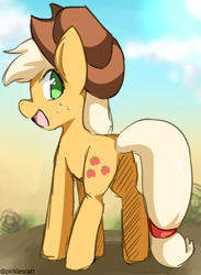 Size: 700x955 | Tagged: safe, artist:picklescatt, applejack, earth pony, pony, g4, applebutt, butt, cowboy hat, cute, hat, jackabetes, looking at you, looking back, looking back at you, open mouth, plot, smiling, solo