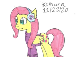 Size: 1047x767 | Tagged: safe, artist:cmara, fluttershy, pegasus, pony, g4, clothes, cute, earmuffs, female, mare, shyabetes, simple background, solo, sweater, sweatershy, traditional art, white background