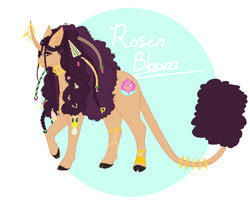 Size: 1056x856 | Tagged: safe, artist:minikitty101, oc, oc only, oc:rosen bloom, pony, unicorn, big hair, cloven hooves, female, horn, horn ring, jewelry, leonine tail, magical lesbian spawn, mare, nose piercing, nose ring, offspring, parent:saffron masala, parent:trixie, parents:safftrix, piercing, ring, solo, tail, tail ring