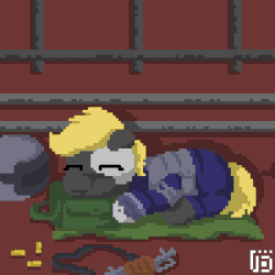 Size: 800x800 | Tagged: safe, artist:vohd, oc, oc only, oc:maple wood, earth pony, pony, animated, armor, bag, frame by frame, helmet, metro 2033, pixel art, robotic legs, sleeping, solo, weapon