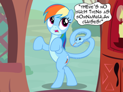 Size: 2221x1665 | Tagged: safe, artist:badumsquish, derpibooru exclusive, rainbow dash, monster pony, original species, snake, g4, aftermath, air quotes, angry, bipedal, curse, cursed, dialogue, doorway, eyeroll, female, frown, golden oaks library, implied twilight sparkle, mocking, multiple heads, pale belly, rainbow dash is not amused, raised hooves, sarcasm, snake tail, solo, somnambulan curse, species swap, talking to viewer, tongue flick, transformation, two toned coat, unamused, wingless