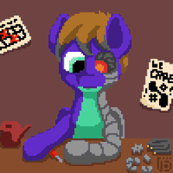 Size: 800x800 | Tagged: safe, artist:vohd, oc, oc only, oc:riggseclipse, cyborg, cyborg pony, earth pony, pony, animated, cyber eye, frame by frame, gears, pixel art, poster, repairing, robotic legs, screwdriver, solo, wires