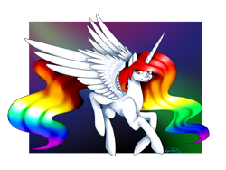 Size: 1600x1200 | Tagged: safe, artist:minelvi, oc, oc only, oc:princess rainbow paint, alicorn, pony, alicorn oc, female, horn, mare, multicolored hair, rainbow hair, simple background, solo, transparent background, wings