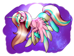 Size: 1600x1200 | Tagged: safe, artist:minelvi, oc, oc only, alicorn, pony, alicorn oc, flying, full moon, horn, moon, simple background, solo, transparent background, wings