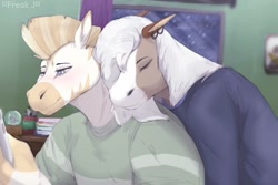 Size: 540x360 | Tagged: safe, artist:chao-xing, oc, oc only, oc:kobi nosher, gypsy vanner, zebra, anthro, albino, blue eyes, blushing, couple, ear piercing, earring, eyes closed, hug, hug from behind, jewelry, male, mohawk, night, phone, piercing, smiling, snow, snowfall, winter