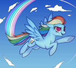 Size: 1800x1600 | Tagged: safe, artist:overthemaginot, derpibooru exclusive, rainbow dash, pegasus, pony, g4, backwards cutie mark, cloud, female, flying, mare, rainbow, sky, spread wings, wings