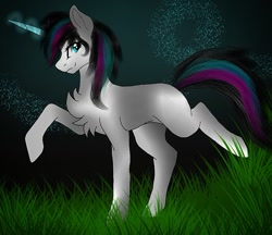 Size: 887x765 | Tagged: safe, artist:hazepages, artist:rxndxm.artist, oc, oc only, oc:shooting star, pony, unicorn, base used, chest fluff, female, glowing horn, grass, horn, mare, raised hoof, solo, unicorn oc