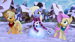 Size: 3840x2160 | Tagged: safe, artist:owlpirate, applejack, derpy hooves, fluttershy, earth pony, pegasus, pony, g4, 3d, applejack's hat, carrot, clothes, cowboy hat, food, hat, high res, mouth hold, ponyville, scarf, smiling, snow, snowfall, snowman, source filmmaker, stick, winter