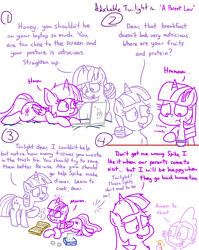 Size: 4779x6013 | Tagged: safe, artist:adorkabletwilightandfriends, spike, twilight sparkle, twilight velvet, alicorn, dragon, pony, unicorn, comic:adorkable twilight and friends, g4, adorkable, adorkable twilight, ass up, book, breakfast, cereal, comic, computer, cute, dinner, dork, family, female, food, glowing horn, guests, horn, laptop computer, levitation, lying down, magic, magic aura, mom, mother and child, mother and daughter, mothers gonna mother, parent, prone, slice of life, telekinesis, tissue, tissue box, twilight sparkle (alicorn)