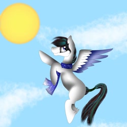 Size: 1080x1080 | Tagged: safe, artist:rxndxm.artist, oc, oc only, pegasus, pony, clothes, cloud, flying, pegasus oc, scarf, smiling, solo, sun, two toned wings, wings