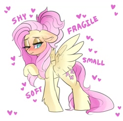 Size: 1331x1315 | Tagged: safe, artist:h0rsefeathers, fluttershy, pegasus, pony, g4, alternate hairstyle, blushing, cute, ear fluff, embarrassed, eyeshadow, female, floppy ears, fluffy, frown, heart, hoof fluff, leg fluff, lidded eyes, makeup, mare, one eye closed, ponytail, raised hoof, shy, shyabetes, simple background, solo, spread wings, wavy mouth, white background, wing fluff, wings, wink