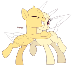 Size: 3075x2773 | Tagged: safe, artist:teepew, oc, oc only, alicorn, pony, alicorn oc, bald, base, duo, eyes closed, female, grin, high res, horn, hug, mare, raised hoof, signature, simple background, smiling, solo, transparent background, wings