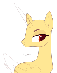 Size: 2416x3092 | Tagged: safe, artist:teepew, oc, oc only, alicorn, pony, alicorn oc, bald, base, bust, female, frown, high res, horn, looking back, mare, signature, simple background, solo, transparent background, wings