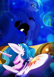 Size: 752x1063 | Tagged: artist needed, safe, princess celestia, princess luna, alicorn, pony, g4, big ears, butt, ear fluff, eyes closed, looking at you, looking back, looking back at you, moonbutt, plot, royal sisters, sisters, sleeping, sunbutt