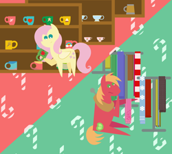 Size: 2160x1944 | Tagged: safe, anonymous artist, big macintosh, fluttershy, earth pony, pegasus, pony, series:fm holidays, series:hearth's warming advent calendar, g4, abstract background, advent calendar, candy, candy cane, christmas, clothes, coffee mug, cup, female, food, holiday, hoof hold, hoof on chin, lineless, male, mug, pointy ponies, scarf, ship:fluttermac, shipping, shopping, straight, teacup