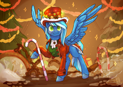 Size: 3541x2508 | Tagged: safe, artist:wonderblue, oc, oc only, oc:thinker blue, pegasus, pony, christmas, christmas lights, christmas tree, clothes, hat, high res, holiday, pegasus oc, snow, steampunk, tree, wings