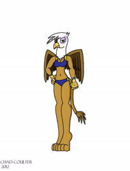 Size: 1564x2059 | Tagged: safe, artist:baroquewolfe, gilda, anthro, g4, beak, belly button, bikini, blue bikini, breasts, claws, cleavage, clothes, feather, female, glare, hand on hip, looking at you, simple background, solo, swimsuit, tail, white background, wings