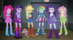 Size: 1920x1071 | Tagged: safe, screencap, applejack, fluttershy, pinkie pie, rainbow dash, rarity, spike, twilight sparkle, dog, equestria girls, g4, my little pony equestria girls: rainbow rocks, humane five, humane six, spike the dog