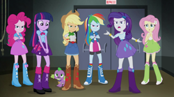 Size: 1920x1071 | Tagged: safe, screencap, applejack, fluttershy, pinkie pie, rainbow dash, rarity, spike, twilight sparkle, dog, equestria girls, g4, my little pony equestria girls: rainbow rocks, belt, boots, clothes, cowboy hat, hat, high heel boots, humane five, humane six, jacket, polka dot socks, rainbow socks, shirt, shoes, skirt, socks, spike the dog, striped socks, vest