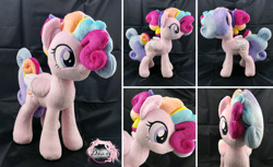 Size: 2097x1280 | Tagged: safe, artist:dixierarity, oc, oc:confetti pop, pegasus, pony, bow, commission, curls, cute, folded wings, handmade, irl, multiple views, photo, plushie, rainbow, sewing, wings, your character here