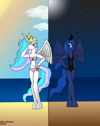 Size: 2180x2750 | Tagged: safe, artist:baroquewolfe, princess celestia, princess luna, anthro, unguligrade anthro, g4, bandeau, beach, belly button, bikini, breasts, cleavage, clothes, cloud, crown, day and night, female, high res, horn, jewelry, monokini, moon, moonlight, ocean, one-piece swimsuit, regalia, sand, stars, sun, swimsuit