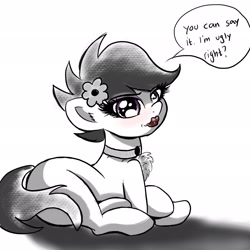 Size: 2048x2048 | Tagged: safe, artist:stammis, scootaloo, pony, g4, bimbo, bimboification, chest fluff, choker, commission, dialogue, female, flower, flower in hair, high res, lipstick, looking at you, makeup, solo, speech bubble, talking to viewer