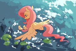 Size: 855x571 | Tagged: safe, artist:vergolophus, fluttershy, bird, duck, pegasus, pony, g4, behaving like a bird, blushing, cute, duckling, female, lilypad, mare, shyabetes, smiling, solo, spread wings, swimming, water, water fowl, wings