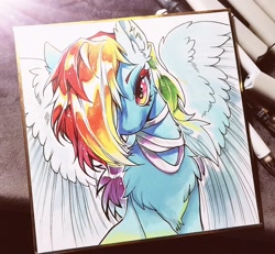 Size: 1024x948 | Tagged: safe, artist:swaybat, rainbow dash, pegasus, pony, g4, acrylic painting, chest fluff, ear fluff, female, mare, solo, spread wings, traditional art, wings