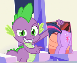 Size: 512x419 | Tagged: safe, edit, edited screencap, screencap, spike, twilight sparkle, dragon, pony, unicorn, g4, party of one, season 6, the crystalling, arguments on the comments, butt, claws, cropped, dreamworks face, fangs, female, implied shipping, implied straight, implied twispike, male, mare, plot, poster, ship:twispike, shipping, smiling, smug, solo, straight, twibutt, unicorn twilight, wingless spike