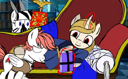 Size: 1356x836 | Tagged: safe, artist:uncreative, oc, oc:fluffy pillow, oc:regal inkwell, pegasus, pony, unicorn, zebra, bowing, butler, clothes, fainting couch, happy, magic, master and servant, present, robe, roman, spqr, telekinesis, this will end in tears, trio, waistcoat