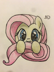 Size: 1024x1365 | Tagged: safe, artist:bobdude0, fluttershy, pegasus, pony, g4, cute, looking at you, shyabetes, simple background, solo, tail hold, traditional art, wide eyes