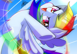 Size: 2048x1448 | Tagged: safe, artist:yuyutsuka_0130, rainbow dash, pegasus, pony, g4, flying, open mouth, sonic rainboom