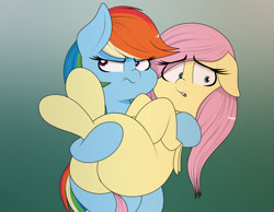 Size: 2448x1896 | Tagged: safe, artist:blitzyflair, fluttershy, rainbow dash, pegasus, pony, g4, bipedal, butt, carrying, chubby, duo, female, floppy ears, flutterbutt, gradient background, holding, holding a pony, lidded eyes, mare, missing cutie mark, open mouth, plot, rainbow dash is not amused, unamused