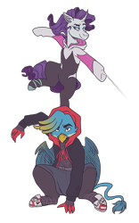 Size: 2000x3200 | Tagged: safe, artist:monnarcha, gallus, rarity, griffon, pony, unicorn, g4, alternate hairstyle, belt, clothes, commission, duo, eyeshadow, female, gwen stacy, high res, hoodie, leggings, makeup, male, mare, miles morales, shirt, shoes, shorts, simple background, sneakers, spider-gwen, spider-man, spider-man: into the spider-verse, t-shirt, transparent background