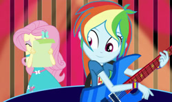 Size: 3000x1773 | Tagged: safe, artist:bigpurplemuppet99, fluttershy, rainbow dash, equestria girls, g4, covering, cute, dashabetes, female, guitar, lesbian, musical instrument, ship:flutterdash, shipping, shy, shyabetes