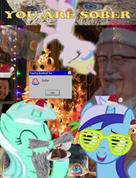 Size: 3000x3900 | Tagged: safe, holly dash, lyra heartstrings, minuette, pony, unicorn, g4, 1000 years in photoshop, bachmann, beard, cake, christmas, christmas tree, colonel sanders, cringe compilation, die hard, error message, eyes closed, facial hair, female, figgy pudding, food, hat, high res, holiday, holly, holly mistaken for mistletoe, home alone, kfc, lesbian, lyrette, mare, marv murchins, moustache, noodles, santa hat, shipping, shutter shades, singing bass, sunglasses, text, tinsel, tree, window