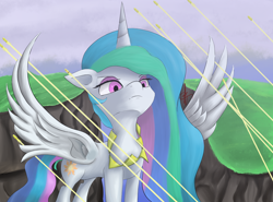 Size: 2126x1573 | Tagged: safe, artist:guatergau5, princess celestia, alicorn, pony, g4, bullet, dodge, frown, spread wings, tree, unamused, wings