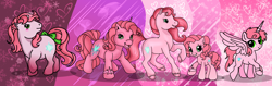 Size: 1708x539 | Tagged: safe, artist:muhammad yunus, alicorn, earth pony, pony, unicorn, g1, g2, g3, g3.5, g4, aelita schaeffer, bow, broken horn, code lyoko, evolution, female, happy, heart, horn, looking at you, mare, medibang paint, open mouth, ponified, smiling, stars, tail bow