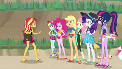 Size: 1920x1080 | Tagged: safe, screencap, applejack, fluttershy, pinkie pie, rainbow dash, rarity, sci-twi, spike, spike the regular dog, sunset shimmer, twilight sparkle, dog, equestria girls, equestria girls specials, g4, my little pony equestria girls: better together, my little pony equestria girls: forgotten friendship, belly button, cap, clothes, feet, flip-flops, fluttershy's wetsuit, hat, humane five, humane seven, humane six, sandals, sarong, shorts, sleeveless, sports bra, sports shorts, sun hat, swimsuit, wetsuit