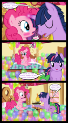 Size: 1280x2300 | Tagged: safe, artist:bigsnusnu, pinkie pie, spike, twilight sparkle, dragon, earth pony, pony, unicorn, comic:dusk shine in pursuit of happiness, g4, balloon, bed, blushing, burned food, dusk shine, food, half r63 shipping, pie, rule 63, shipping, surprised