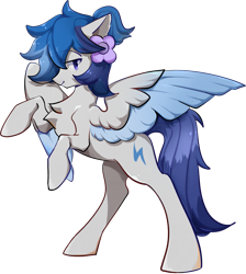 Size: 1197x1338 | Tagged: safe, artist:左左, oc, oc only, oc:zephyrpony, pegasus, pony, 2021 community collab, derpibooru community collaboration, flower, flower on ear, rearing, simple background, solo, transparent background, two toned wings, wings