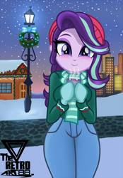 Size: 1300x1872 | Tagged: safe, artist:theretroart88, starlight glimmer, equestria girls, g4, building, chocolate, christmas, christmas lights, city, clothes, cup, cute, drink, female, glimmerbetes, gloves, hat, holiday, hot chocolate, lamppost, looking at you, pants, path, santa hat, scarf, smiling, snow, snowfall, solo, striped scarf, winter, wreath