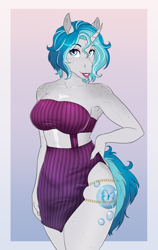 Size: 2082x3291 | Tagged: safe, artist:askbubblelee, oc, oc only, oc:bubble lee, unicorn, anthro, abstract background, anthro oc, beautiful, big breasts, body freckles, breasts, cleavage, clothes, coat markings, curved horn, curvy, digital art, dress, eyelashes, eyeliner, eyeshadow, female, freckles, gradient background, hand on hip, high res, horn, impractical clothing, lipstick, long nails, looking at you, makeup, mare, midriff, pose, sexy, short hair, short mane, side slit, skindentation, solo, thighs, tight clothing, unicorn oc, wide hips
