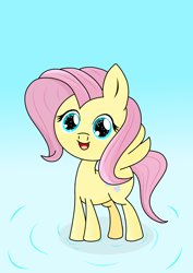 Size: 1000x1414 | Tagged: safe, fluttershy, pegasus, pony, g4, blue background, eyes open, open mouth, simple background, smiling, solo, wings